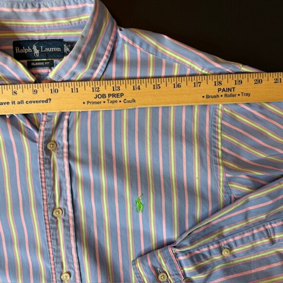 Ralph Lauren Dress Shirt Men's 16 1/2, 34/35 Blue Yellow Stripe Classic Fit - Picture 6 of 10